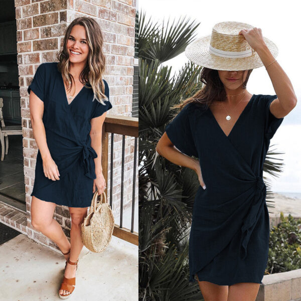 Women’s V-Neck Lace-Up Dress – High Waist Asymmetric Hem in White, Blue & Black - Image 4