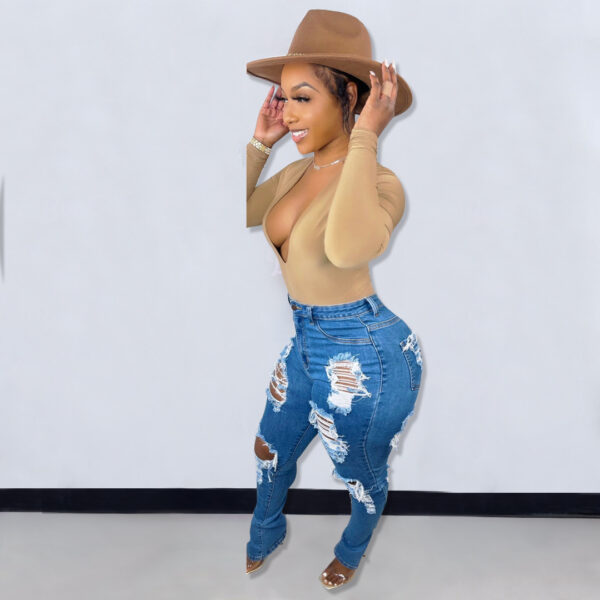 Women’s Burnt Flower Ripped Jeans – Mid Waist Distressed Denim for Street Style | Blue - Image 3