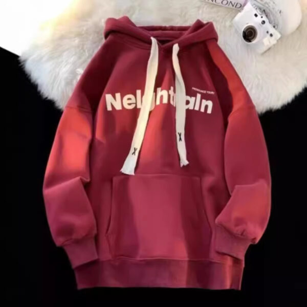 Wine Red Hooded Sweater – Loose Fit Winter Pullover with Wool Lining for Teens | Velvet & Fine Textures - Image 6