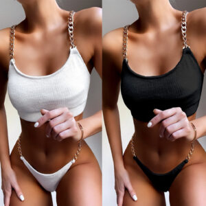 Women’s Chain Detail Bikini Set – European Cut Swimwear with Removable Padding | White & Black | Adult Sizes