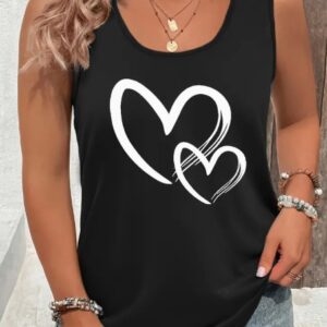 Hearts Print Sleeveless Tank Top – Women's Stretchy Summer Crew Neck Casual Top