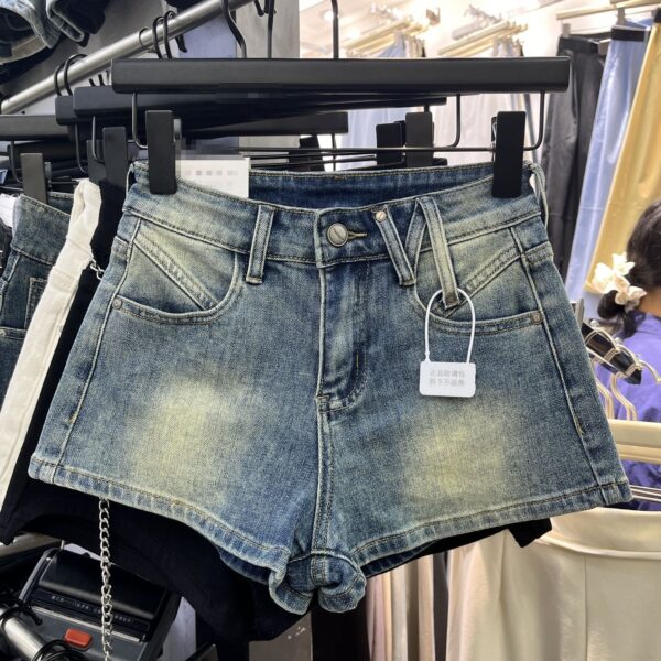 Women’s High Waist Slim Fit Denim Hot Pants – Brushed Texture in Beige, Black & Light Blue - Image 5