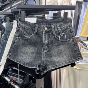 Women’s High Waist Slim Fit Denim Hot Pants – Brushed Texture in Beige, Black & Light Blue