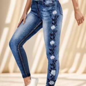 Women’s Patchwork Printed Jeans – Elegant Regular Fit Trousers for Daily Wear
