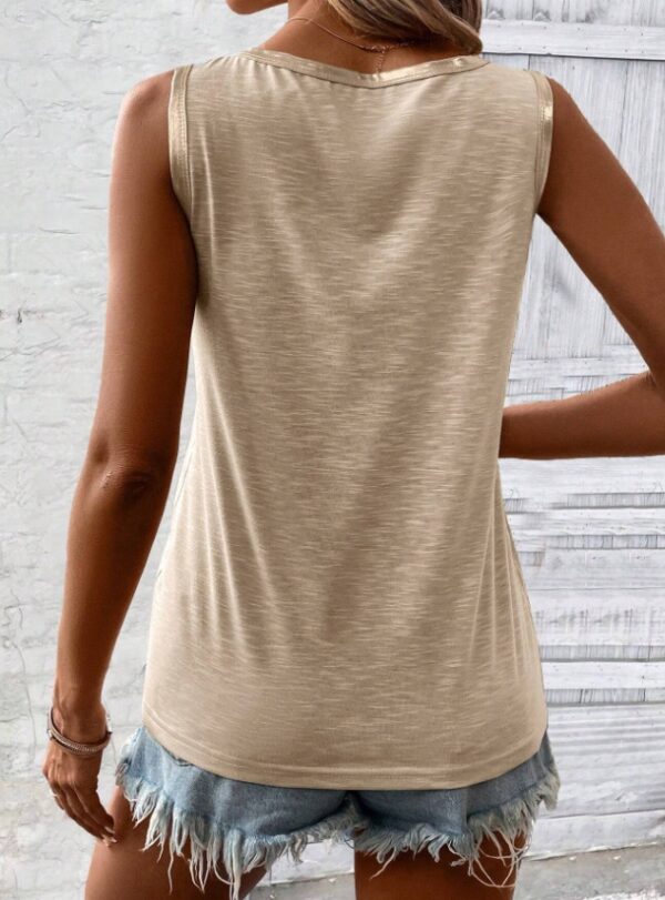 Contrast Trim Scoop Neck Tank Top – Stretch Casual Grey Shirt with Block Edge Design - Image 5