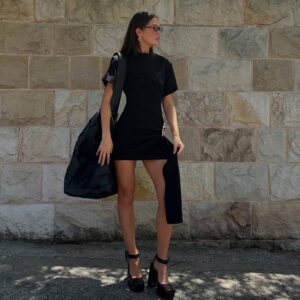 Women’s Round Neck A-Line Dress – Half-Sleeve Office Commute Dress in Black & Wine Red