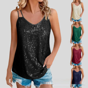 Sequined V-Neck Party Vest – Slim Fit Single Strap Top | 10 Colors