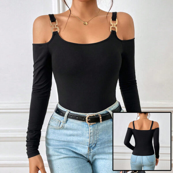 Off-Shoulder Suspender Top – Long Sleeve Sexy Knitted Blouse with Metal Hooks | Slim Fit Spring-Summer Fashion