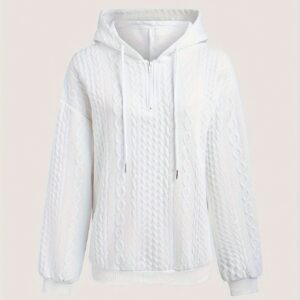 Women’s Zipper Shoulder Hoodie – Solid Color Drawstring Casual Pullover for Spring & Autumn