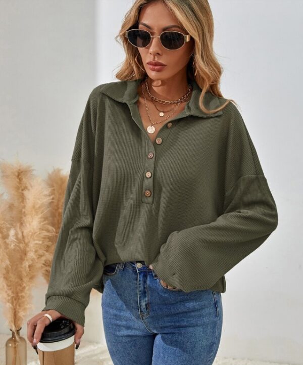 Drop Shoulder Half-Breasted T-Shirt – Semi-Sheer Polyester Casual Top with Fake Buttons | Solid Colors for Adults - Image 3