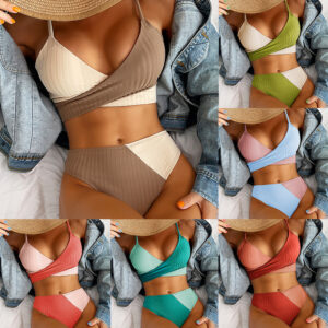Women’s Patchwork Ribbed Bikini – High Waist Cheeky Swimsuit with Knot Back & Ruched Details | Beach, Pool