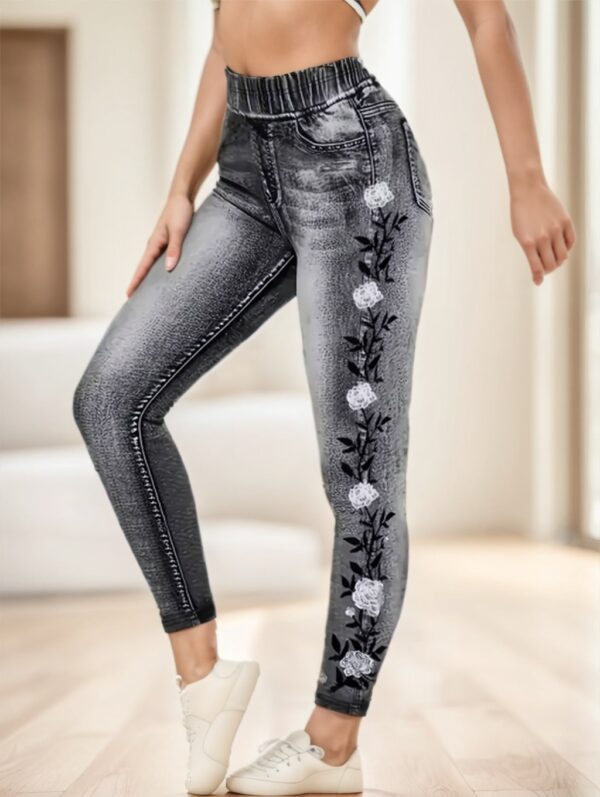 Women’s Patchwork Printed Jeans – Elegant Regular Fit Trousers for Daily Wear - Image 2