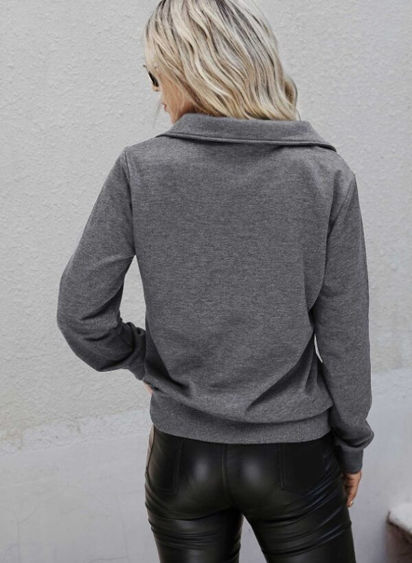 Women’s Semi-Sheer Sweatshirt – Long Sleeve Zipper Placket & Fake Buttons | Solid Color Polyester Top - Image 5