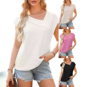Women’s Diagonal Collar 3D Print T-Shirt – Summer Casual Short-Sleeve Top in White, Black, Pink & Apricot