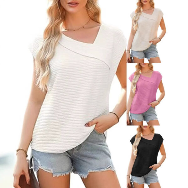 Women’s Diagonal Collar 3D Print T-Shirt – Summer Casual Short-Sleeve Top in White, Black, Pink & Apricot