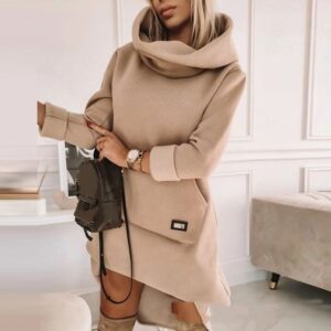 Women’s Turtleneck Hooded Sweater – Mid-Length Polyester Pullover in 10 Colors (Khaki, Black, Red) | Sizes S-XL