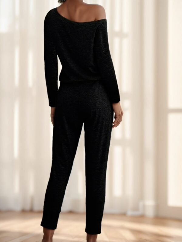 Women’s Black Off-Shoulder Patchwork Jumpsuit – Elegant Long Sleeve Polyester Romper for Daily Wear | Regular Fit - Image 2