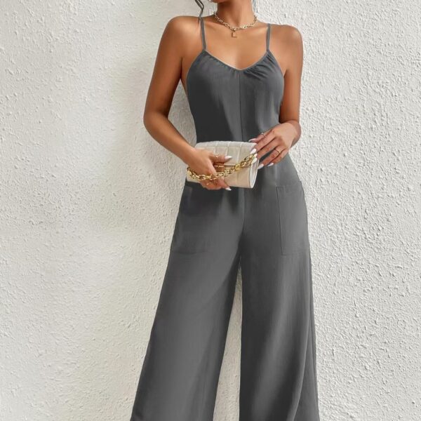 Women’s Sexy Solid Color Jumpsuit – Summer Sleeveless Romper with Chest Pleats & Cross Suspenders