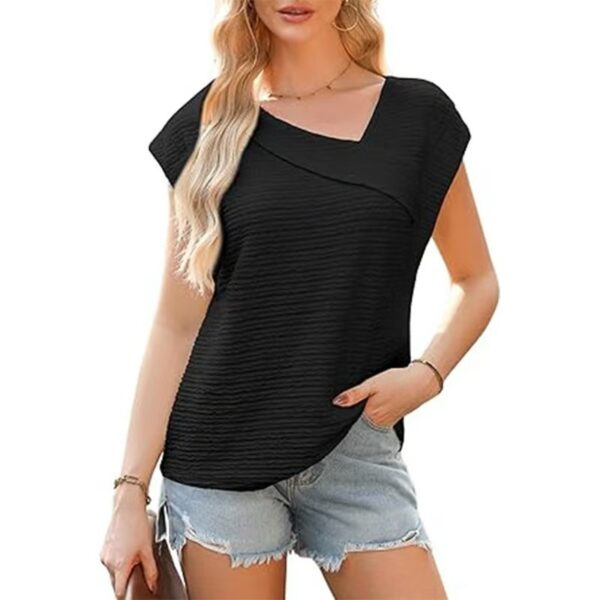 Women’s Diagonal Collar 3D Print T-Shirt – Summer Casual Short-Sleeve Top in White, Black, Pink & Apricot - Image 4
