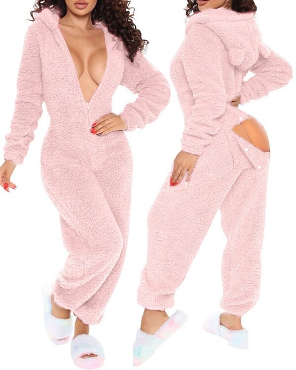 Women’s Plush Hooded Jumpsuit – Cozy Long Sleeve Loungewear Pajamas with Snug Fit | Sizes S-XX - Image 3