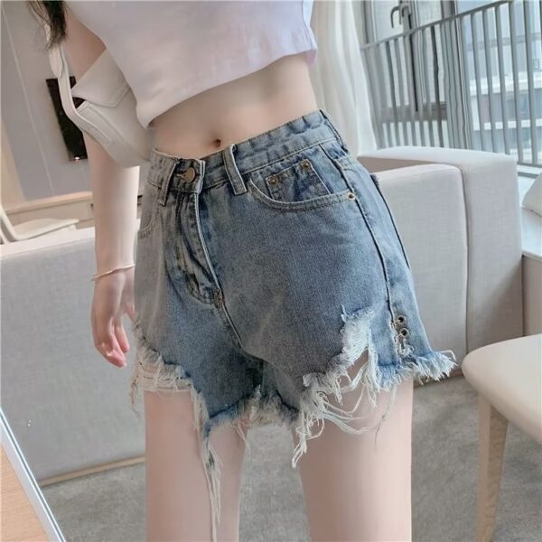 Women’s Vintage High Waist Denim Shorts – Distressed Frayed Hem & Slimming Fit | Black, Blue - Image 5