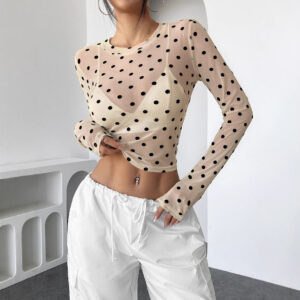 Slim Fit Dot Mesh T-Shirt – See-Through Long Sleeve Top with Flocking Detail | Street Fashion & Euro Style