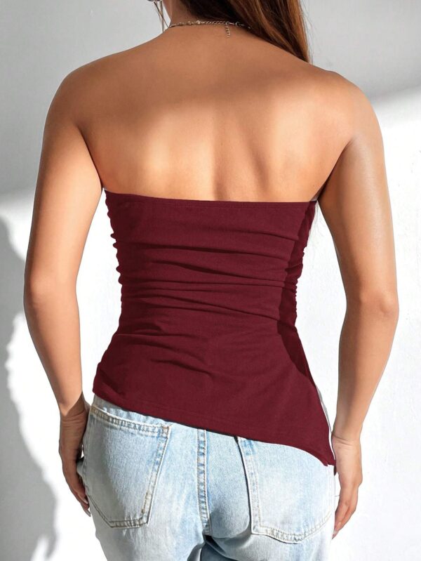 Solid Color Ruched Bandeau Cami Top – Slim Fit Strapless Top with Side Slit Hem & High Stretch | Casual Sleeveless Wear - Image 4
