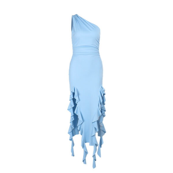 Women’s Oblique Shoulder Ruffled Sling Dress – Sexy Backless Split Hem in Mercerized Cotton | Black, Blue, Pink - Image 4