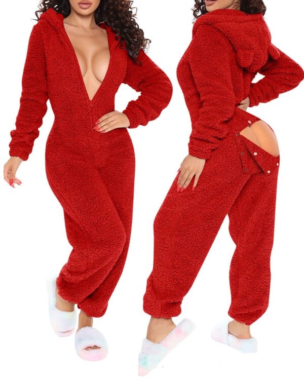 Women’s Plush Hooded Jumpsuit – Cozy Long Sleeve Loungewear Pajamas with Snug Fit | Sizes S-XX - Image 2