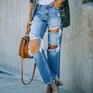 Women’s Ripped Straight Leg Jeans – Distressed Denim Pants with Handmade Wear Details | Light Wash & Blue