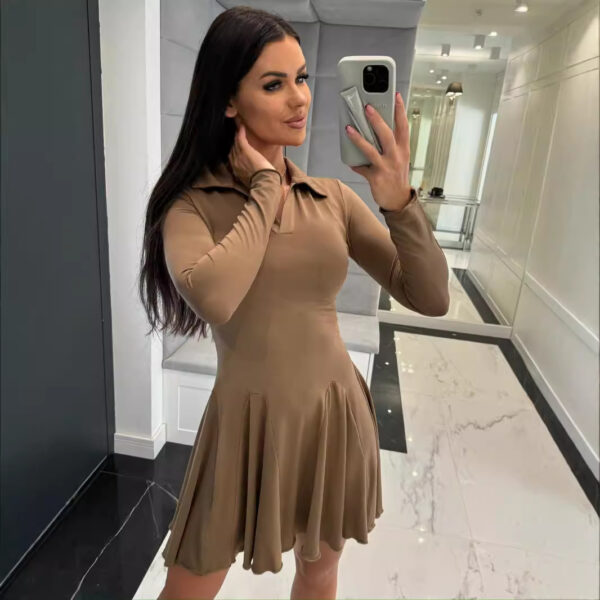 Women’s Solid Color Lapel Dress – Waist-Tight Long Sleeve with Ruffled Flounce Skirt | Gray, Brown, Black - Image 4