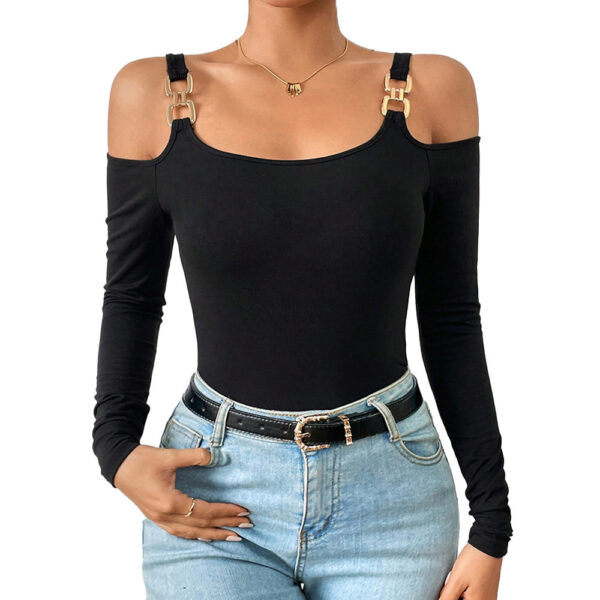 Off-Shoulder Suspender Top – Long Sleeve Sexy Knitted Blouse with Metal Hooks | Slim Fit Spring-Summer Fashion - Image 5