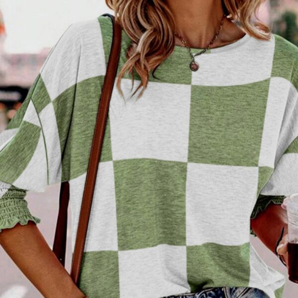 Women’s Plaid Round Neck Pullover – Casual Contrast Color Lightweight Sweater | Half-Sleeve All-Match Top
