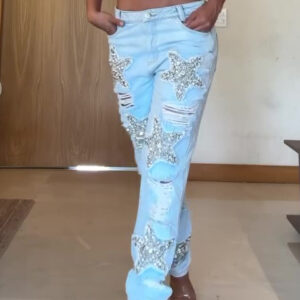 Women’s Five-Pointed Star & Diamond Ripped Jeans – Regular Fit Distressed Denim for Casual Wear