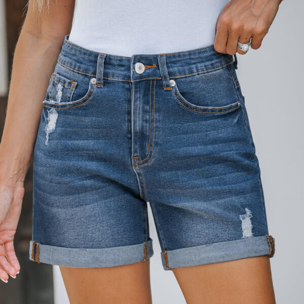 Women’s High Waist Distressed Denim Shorts – Slim-Fit Curling Hem Organic Cotton | Dark Blue - Image 6