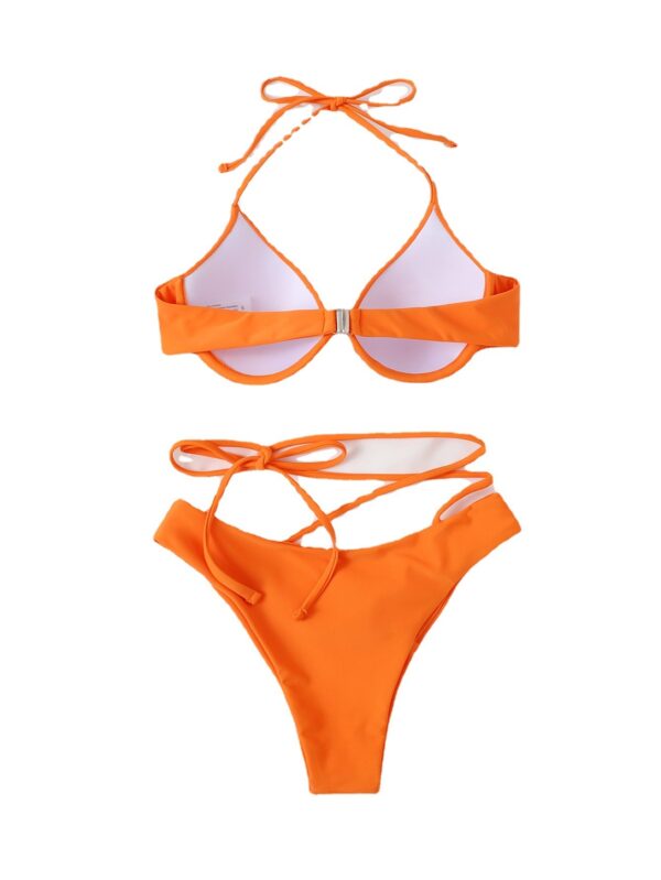 Women's Solid Color Split Bikini Set – High-Cut Swimwear in Vibrant Orange | Nylon Stretch Fabric - Image 3