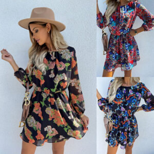 Women’s Floral Print A-Line Commute Dress – Vibrant Red, Blue & Orange Patterns