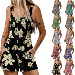 Floral Print Shorts Jumpsuit – Sleeveless Chiffon Beach Romper in 10 Vibrant Colors | Loose Fit Sizes S-2XL