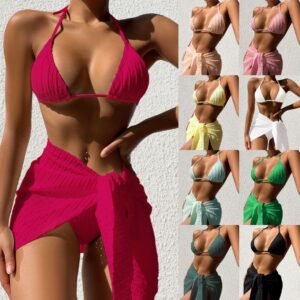 3-Piece Halterneck Swimsuit Set – Sexy Backless Bikini with Mesh Skirt | Solid Color Beachwear