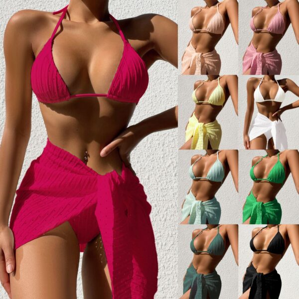 3-Piece Halterneck Swimsuit Set – Sexy Backless Bikini with Mesh Skirt | Solid Color Beachwear