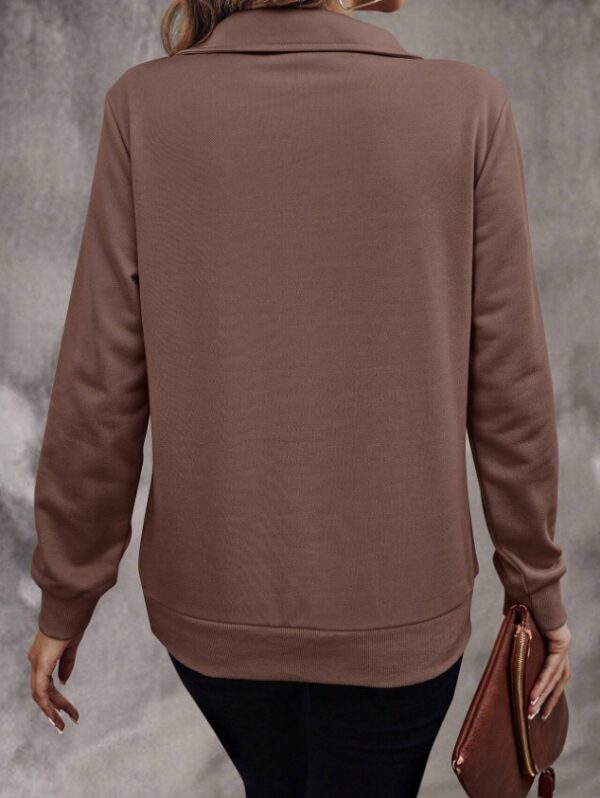 Women’s Semi-Sheer Sweatshirt – Long Sleeve Zipper Placket & Fake Buttons | Solid Color Polyester Top - Image 4