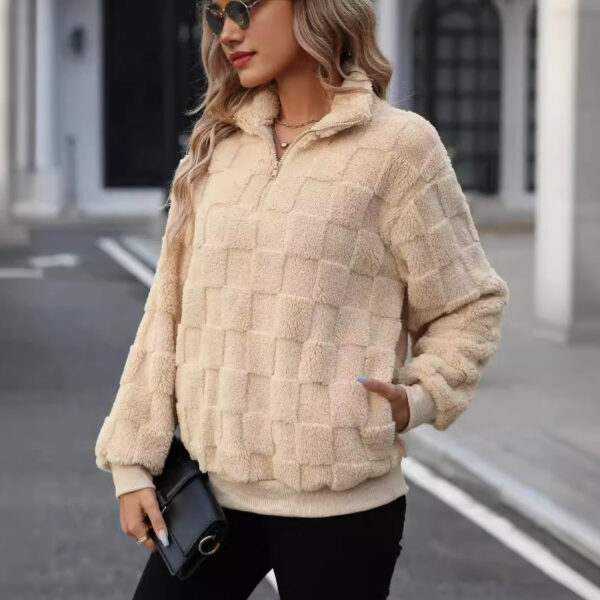 Women’s Plaid Jacquard Pullover – Half Zip Stand Collar Oversized Sweater in Apricot | Street Hipster Style - Image 6