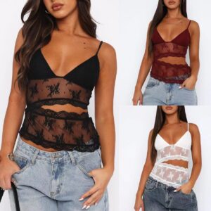 Lace Backless Bralette – Sling V-Neck Mesh Crop Top for Women | Wine Red, Black, White