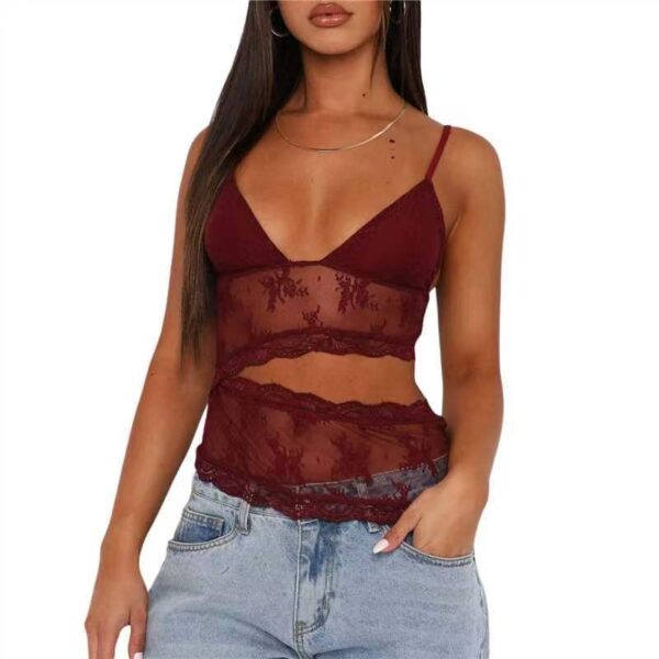Lace Backless Bralette – Sling V-Neck Mesh Crop Top for Women | Wine Red, Black, White - Image 4