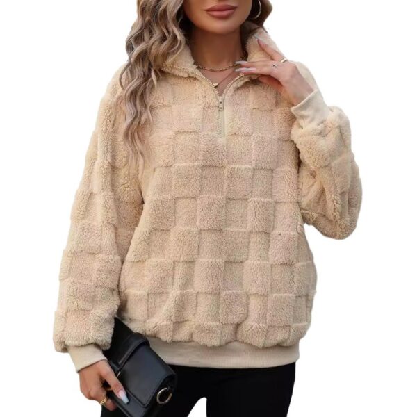 Women’s Plaid Jacquard Pullover – Half Zip Stand Collar Oversized Sweater in Apricot | Street Hipster Style - Image 5