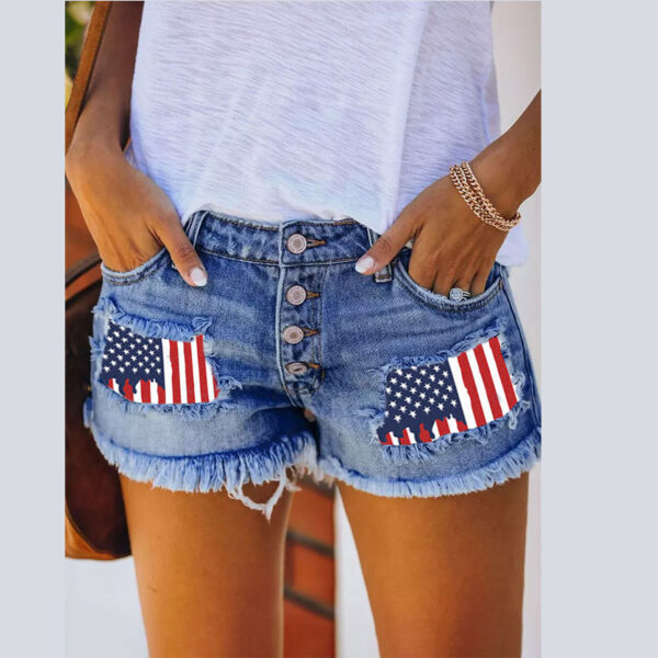 Women’s Ripped Denim Shorts – High Waist Flag Patch Tassel Design | European Streetwear - Image 5