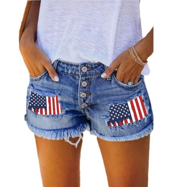 Women’s Ripped Denim Shorts – High Waist Flag Patch Tassel Design | European Streetwear - Image 4