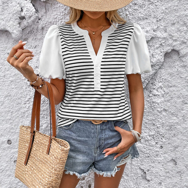 Women’s Stand Collar Striped T-Shirt – Casual Short Sleeve Pullover in White | Sizes S-XL - Image 4