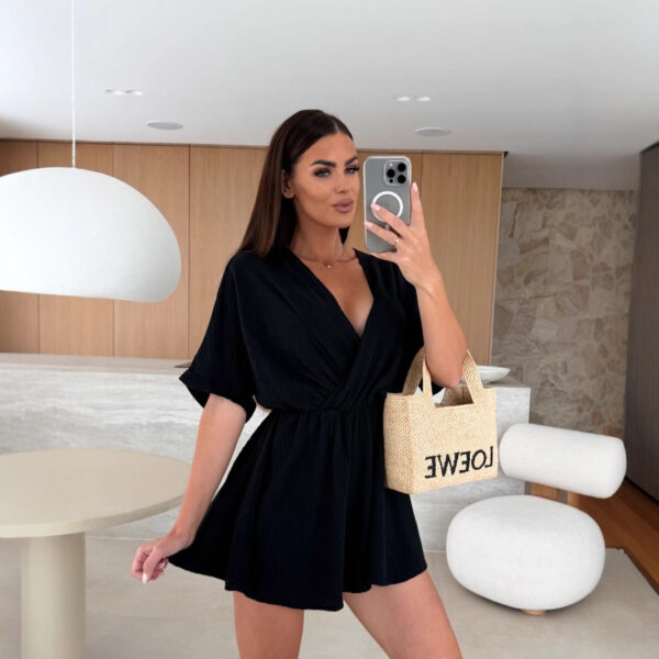 Women’s High Waist V-Neck Jumpsuit – Summer Short Romper in Stretchy Polyester | 7 Classic Shades (S-2XL) - Image 6