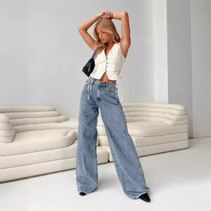 Women’s Distressed Loose Denim Pants – Japanese-Korean Casual Mid Waist Trousers | Light Blue & White